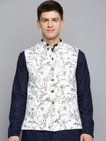 Men Mandarin Collar Printed White Nehru Jacket-AK-2701-2-White