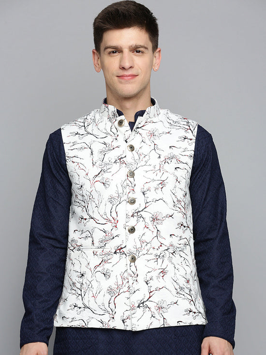 Men Mandarin Collar Printed White Nehru Jacket-AK-2701-2-White