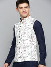 Men Mandarin Collar Printed White Nehru Jacket-AK-2701-2-White