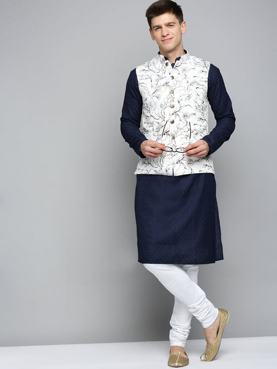 Men Mandarin Collar Printed White Nehru Jacket-AK-2701-2-White