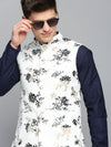 Men Mandarin Collar Printed White Nehru Jacket-AK-2702-3-White