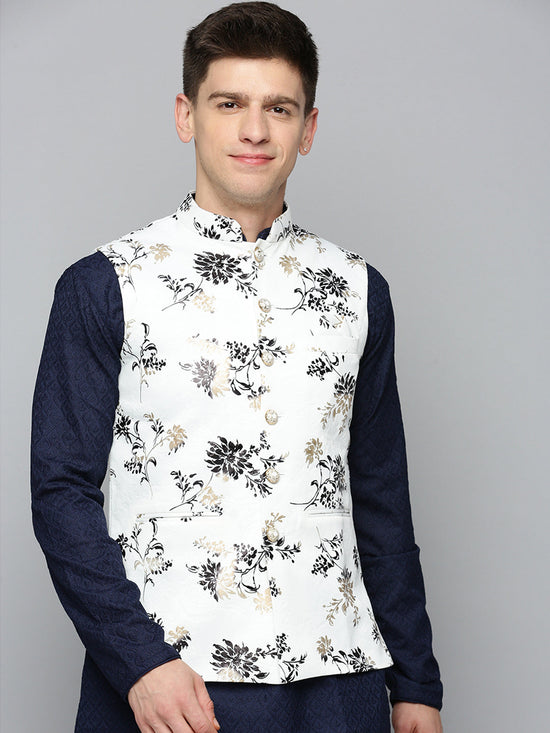 Men Mandarin Collar Printed White Nehru Jacket-AK-2702-3-White