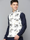 Men Mandarin Collar Printed White Nehru Jacket-AK-2702-3-White