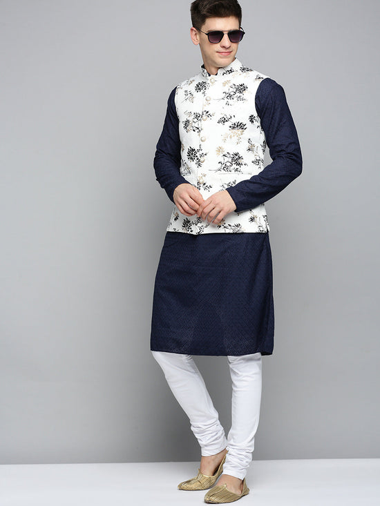 Men Mandarin Collar Printed White Nehru Jacket-AK-2702-3-White