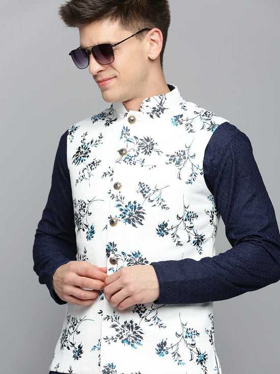 Men Mandarin Collar Printed White Nehru Jacket-AK-2702-4-White