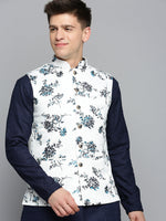 Men Mandarin Collar Printed White Nehru Jacket-AK-2702-4-White