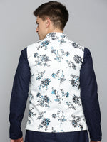 Men Mandarin Collar Printed White Nehru Jacket-AK-2702-4-White