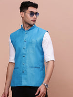 Men Solid Blue Slim Fit Nehru Jacket-AK-3618-25-Blue