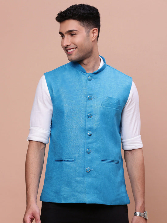 Men Solid Blue Slim Fit Nehru Jacket-AK-3618-25-Blue