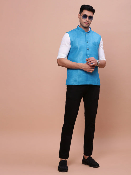 Men Solid Blue Slim Fit Nehru Jacket-AK-3618-25-Blue