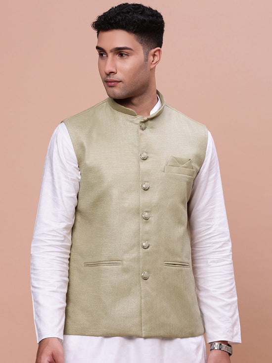 Men Solid Green Slim Fit Nehru Jacket-AK-3618-28-Green