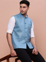 Men Solid Turquoise Blue Slim Fit Nehru Jacket-AK-3618-34-Turquoiseblue