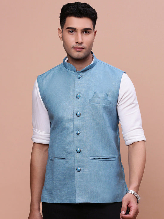 Men Solid Turquoise Blue Slim Fit Nehru Jacket-AK-3618-34-Turquoiseblue