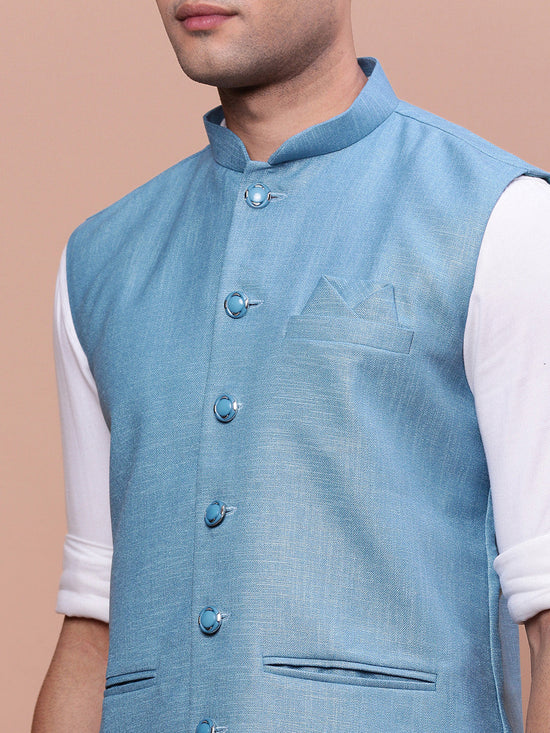 Men Solid Turquoise Blue Slim Fit Nehru Jacket-AK-3618-34-Turquoiseblue