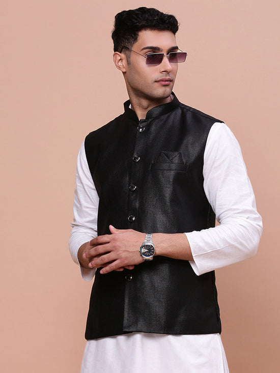 Men Solid Black Slim Fit Nehru Jacket-AK-3618-36-Black