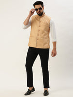 Men Mandarin Collar Solid Peach Nehru Jacket-AK-51340-32-Peach