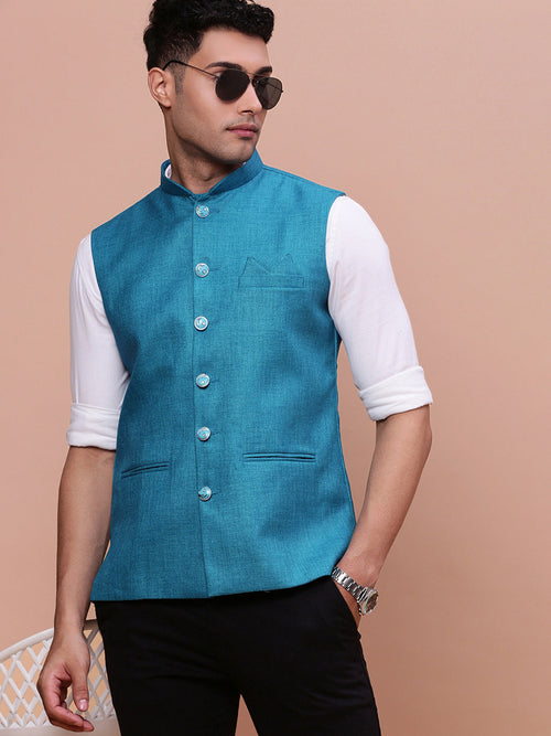 Men Solid Turquoise Blue Slim Fit Nehru Jacket-AK-51340-53-Turquoiseblue