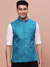 Men Solid Turquoise Blue Slim Fit Nehru Jacket-AK-51340-53-Turquoiseblue