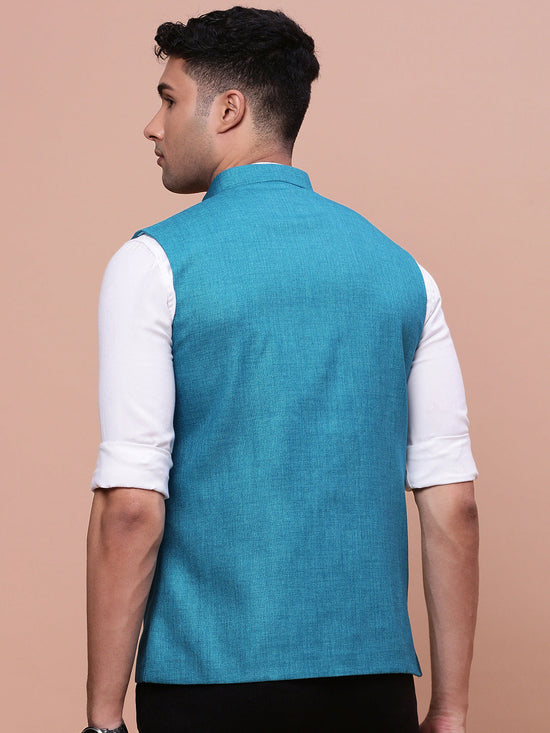 Men Solid Turquoise Blue Slim Fit Nehru Jacket-AK-51340-53-Turquoiseblue