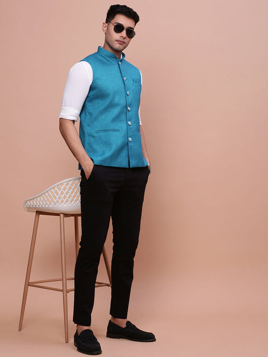 Men Solid Turquoise Blue Slim Fit Nehru Jacket-AK-51340-53-Turquoiseblue