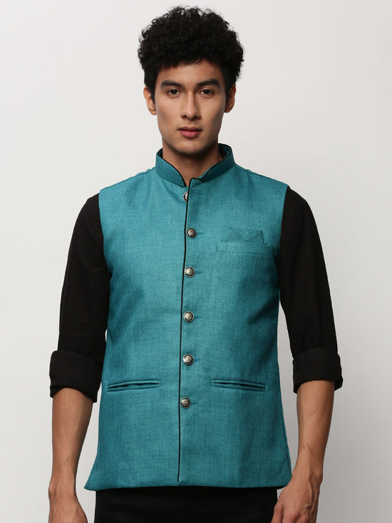 Men Mandarin Collar Solid Blue Nehru Jacket-AK-51340-7-Blue