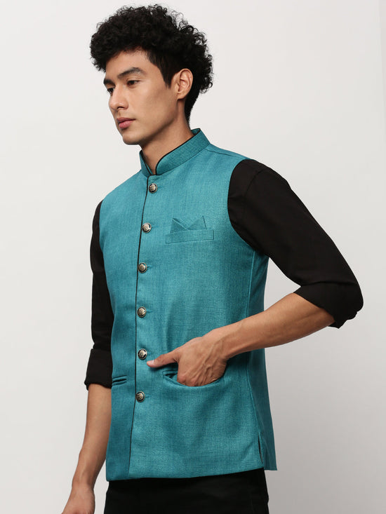 Men Mandarin Collar Solid Blue Nehru Jacket-AK-51340-7-Blue