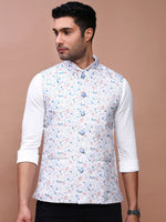 Men Printed Off White Slim Fit Nehru Jacket-AK-619-2-Offwhite