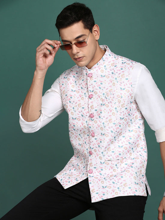 Men Printed Off White Slim Fit Nehru Jacket-AK-619-3-Offwhite