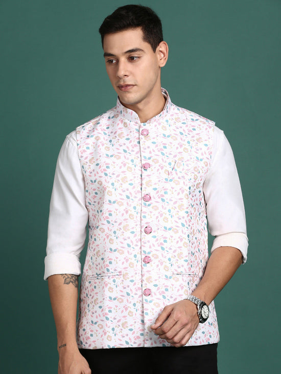 Men Printed Off White Slim Fit Nehru Jacket-AK-619-3-Offwhite