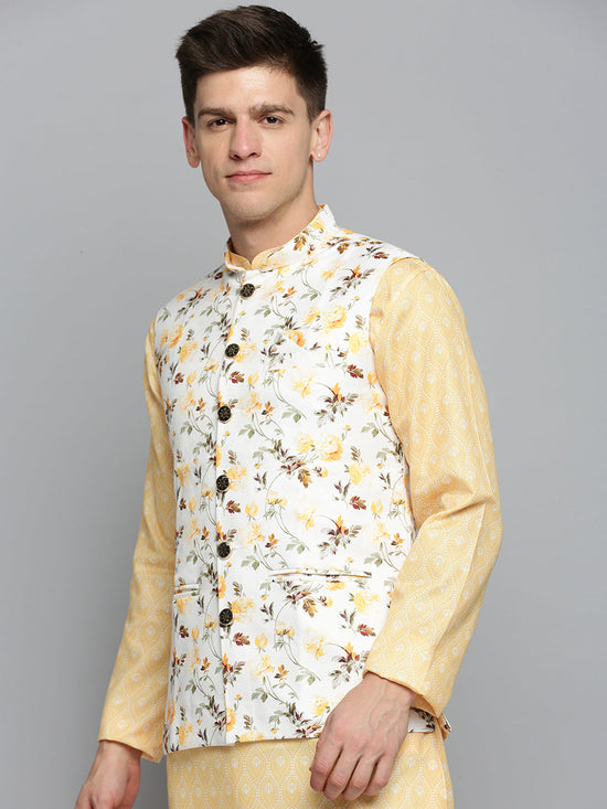 Men Mandarin Collar Printed Cream Nehru Jacket-AK-A-527-Cream