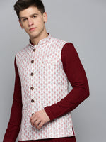 Men Mandarin Collar Printed White Nehru Jacket-AK-B-519-White