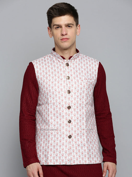 Men Mandarin Collar Printed White Nehru Jacket-AK-B-519-White