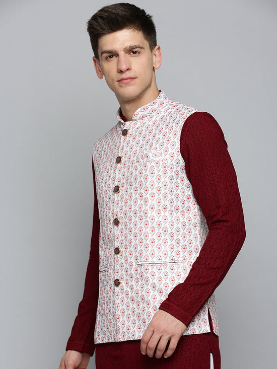 Men Mandarin Collar Printed White Nehru Jacket-AK-B-519-White