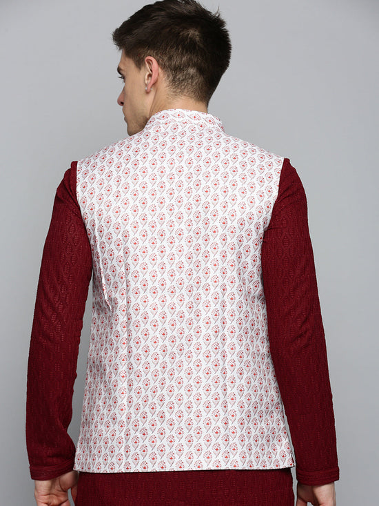 Men Mandarin Collar Printed White Nehru Jacket-AK-B-519-White