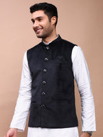 Men Solid Black Slim Fit Nehru Jacket-AK-Velvet-1-Black