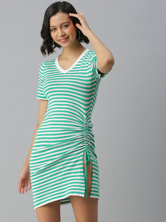 Women V-Neck Striped Bodycon Green Dress-AN-9A36-Greenwhite