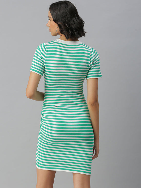 Women V-Neck Striped Bodycon Green Dress-AN-9A36-Greenwhite