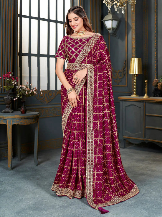 Saree Mall Women's Vichitra  Magenta Embellished Designer Saree With Blouse Piece-ANGEL1002