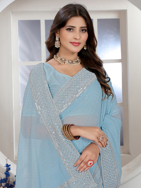 Saree Mall Women's Georgette Light Blue Embellished Designer Saree With Blouse Piece-ANGEL5003