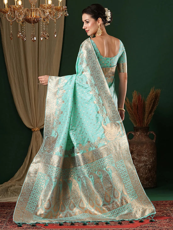 Saree Mall Women's Satin  Turquoise Woven Design Designer Saree With Blouse Piece-ANUPMA1002