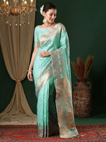 Saree Mall Women's Satin  Turquoise Woven Design Designer Saree With Blouse Piece-ANUPMA1002