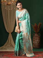 Saree Mall Women's Satin  Turquoise Woven Design Designer Saree With Blouse Piece-ANUPMA1002