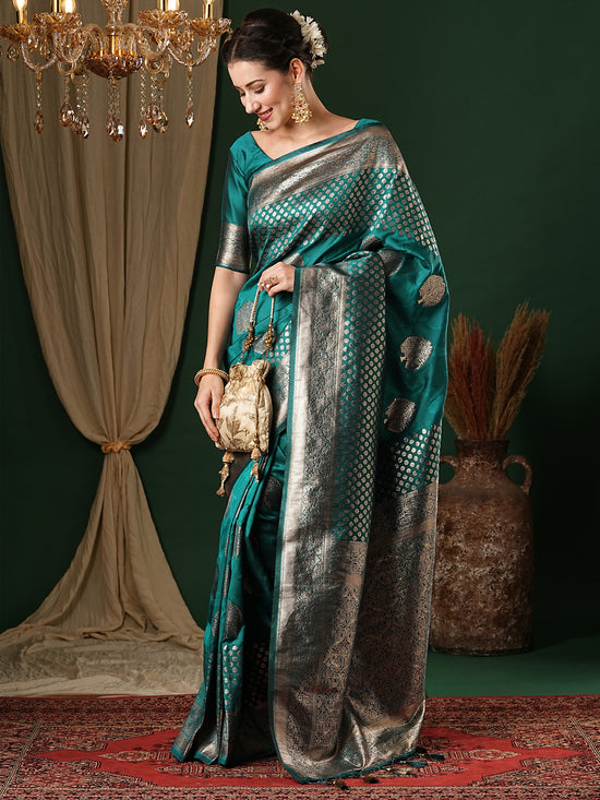 Saree Mall Women's  Blend Teal Blue Woven Design Designer Saree With Blouse Piece-ANUPMA3001