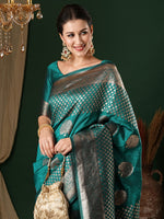 Saree Mall Women's  Blend Teal Blue Woven Design Designer Saree With Blouse Piece-ANUPMA3001