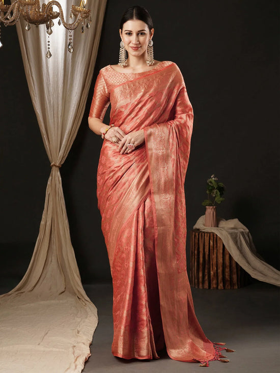 Saree Mall Women's Satin  Peach Woven Design Designer Saree With Blouse Piece-AQRIUS02A