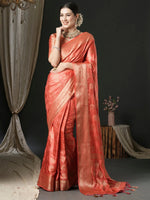 Saree Mall Women's Satin  Peach Woven Design Designer Saree With Blouse Piece-AQRIUS03A