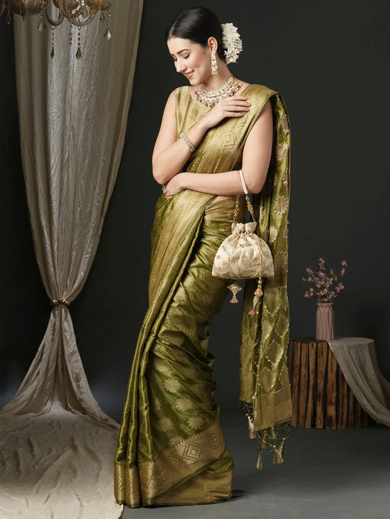 Saree Mall Women's Satin  Olive Woven Design Designer Saree With Blouse Piece-AQRIUS03B