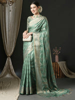 Saree Mall Women's Satin  Sea Green Woven Design Designer Saree With Blouse Piece-AQRIUS03C