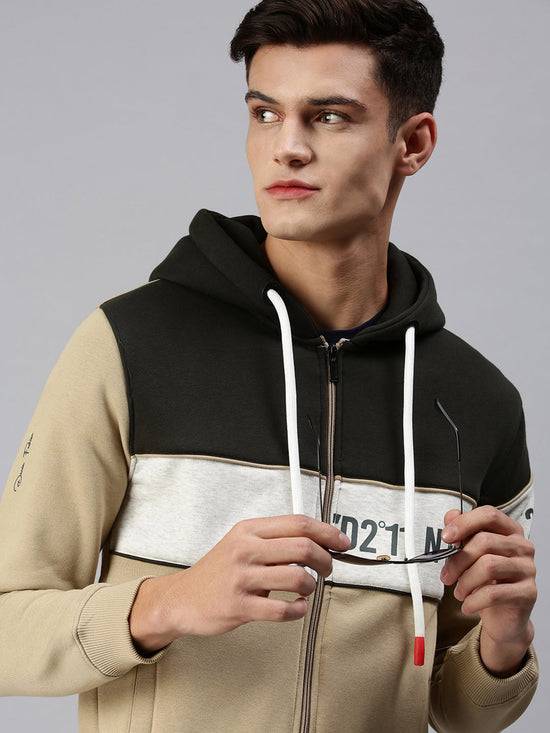 Men Hooded Colourblocked Beige Sweatshirt-AR-1690-Olivebiege