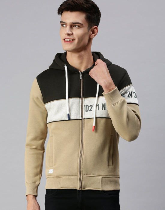 Men Hooded Colourblocked Beige Sweatshirt-AR-1690-Olivebiege